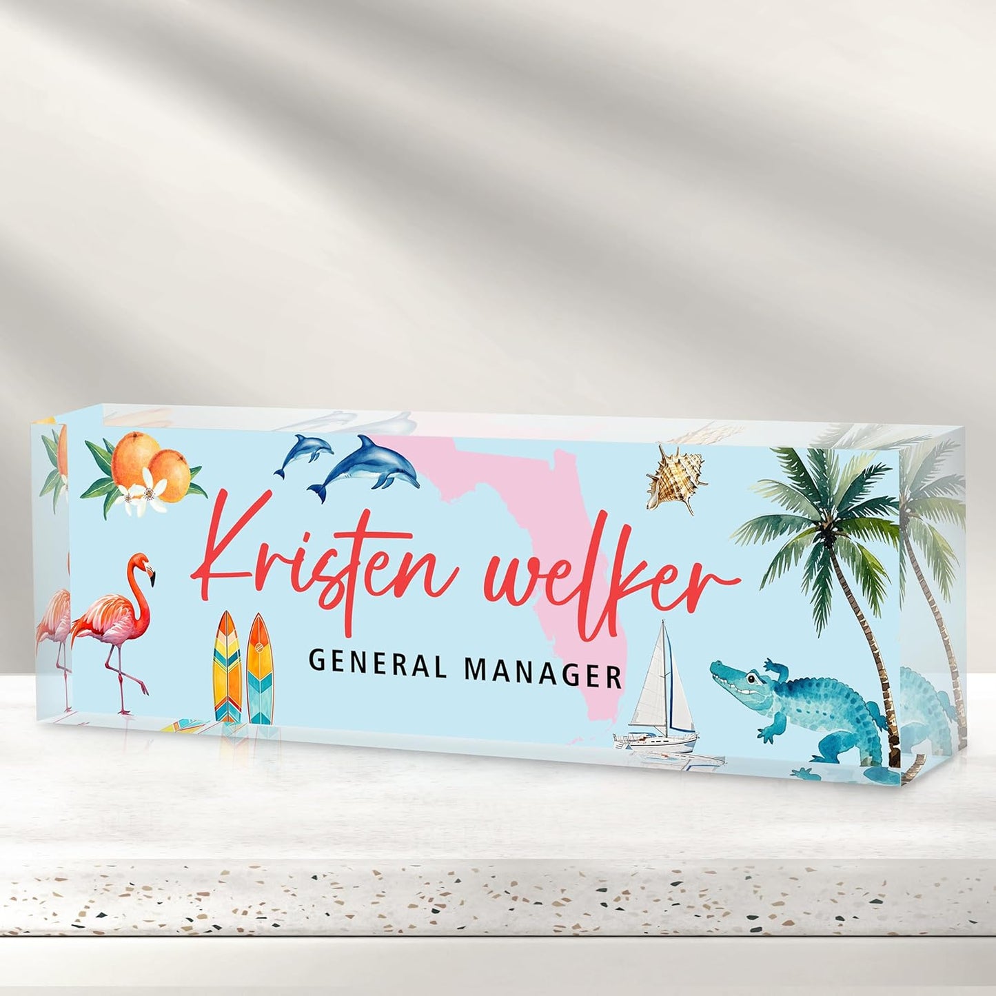 Personalized Name Plate for Desk - Custom Engraved Name Plates for Man - Boss Day Gifts for Boss - Acrylic Office Decor Appreciation Gifts for Teacher Nurse Coworker Social Worker (Summer in Florida)