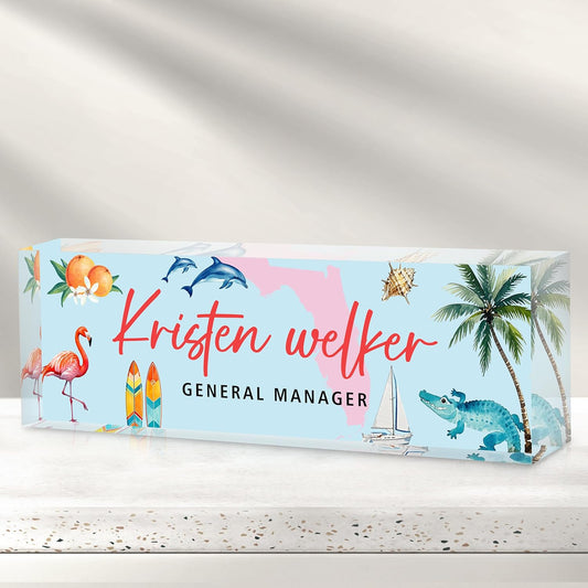 Personalized Name Plate for Desk - Custom Engraved Name Plates for Man - Boss Day Gifts for Boss - Acrylic Office Decor Appreciation Gifts for Teacher Nurse Coworker Social Worker (Summer in Florida)
