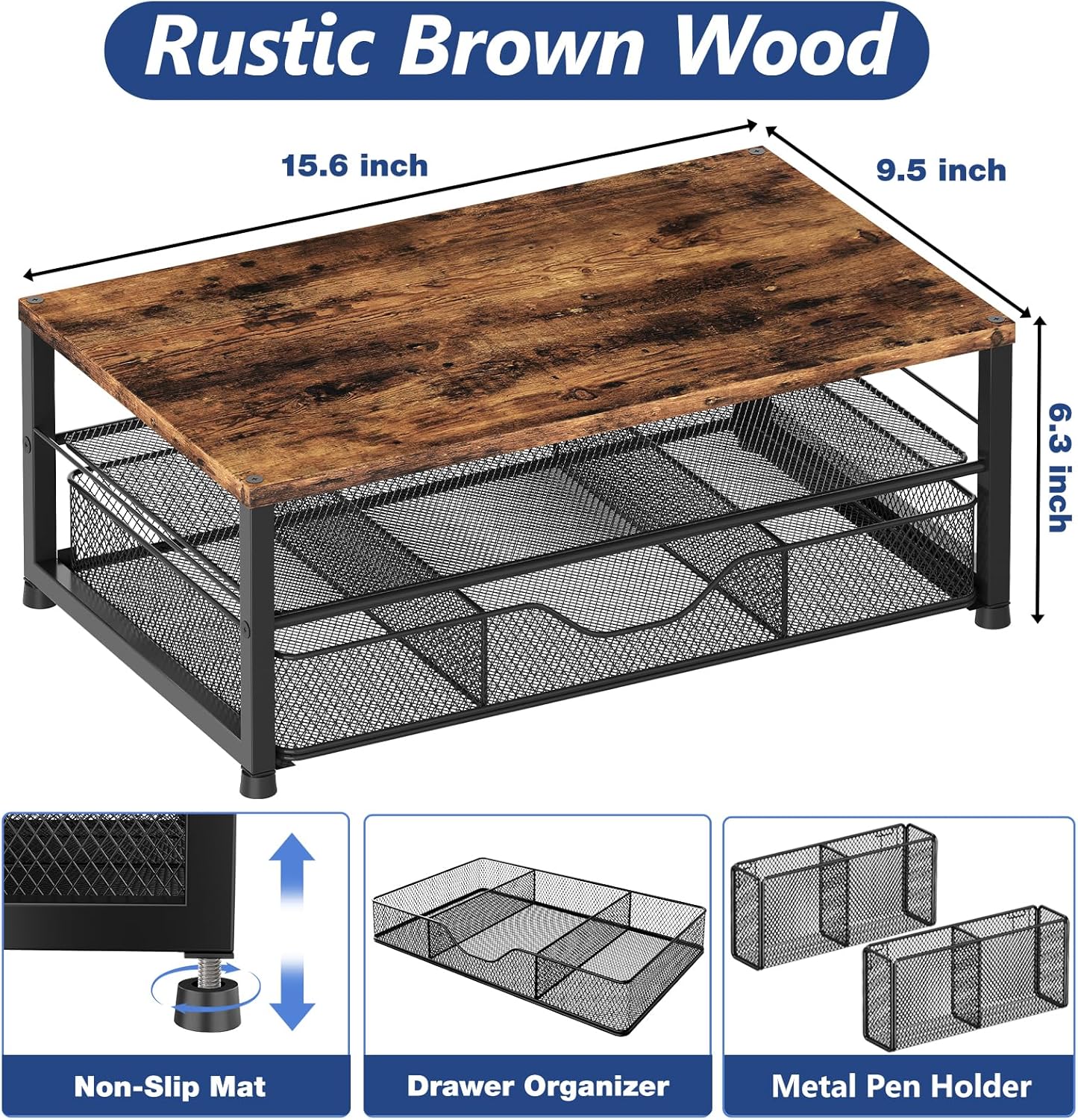 Desk Organizers and Accessories, 2-Tier Computer Monitor Stand Riser with Drawer and 2 Pen Holders, Laptop Stand, Office Desk Accessories for Office Supplies, Brown