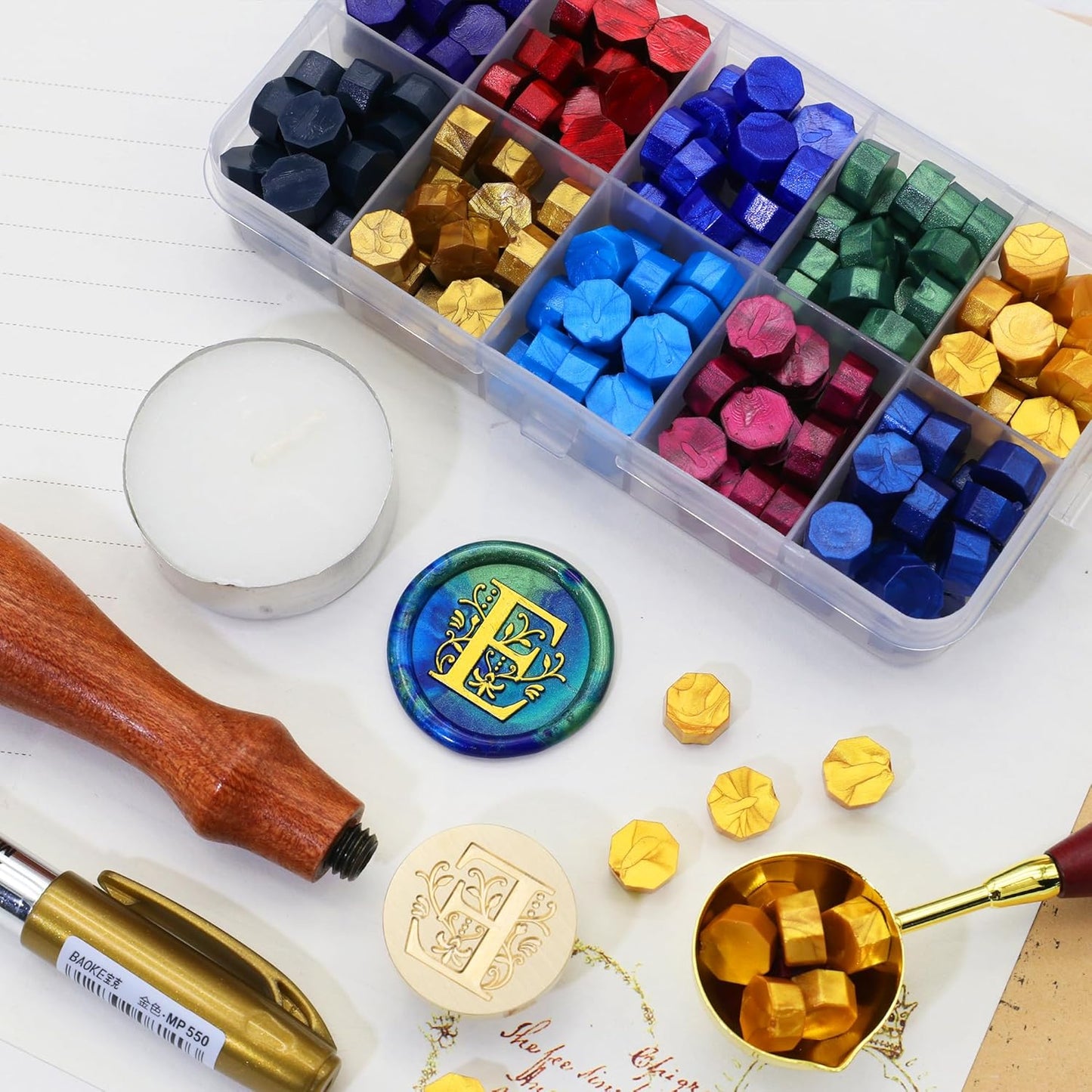 SWANGSA Initial Alphabet E Wax Seal Stamp Kit, Classic Retro Letter Sealing Stamp with 200pcs Sealing Wax Beads Kit for Wedding Invitations Cards Envelopes (E)