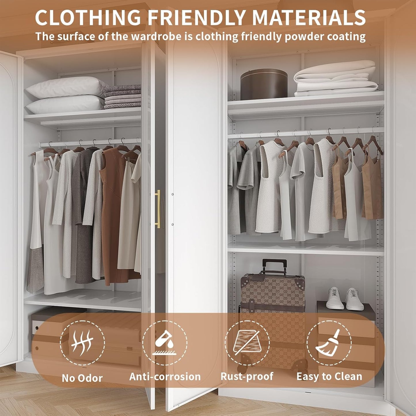 Metal Wardrobe Cabinet for Hanging Clothes, 71" Tall Armoire Wardrobe Closet with Hanging Rod, White Clothing Storage Cabinet with Doors and Shelves, Large Closet for Bedroom-Assemble Required