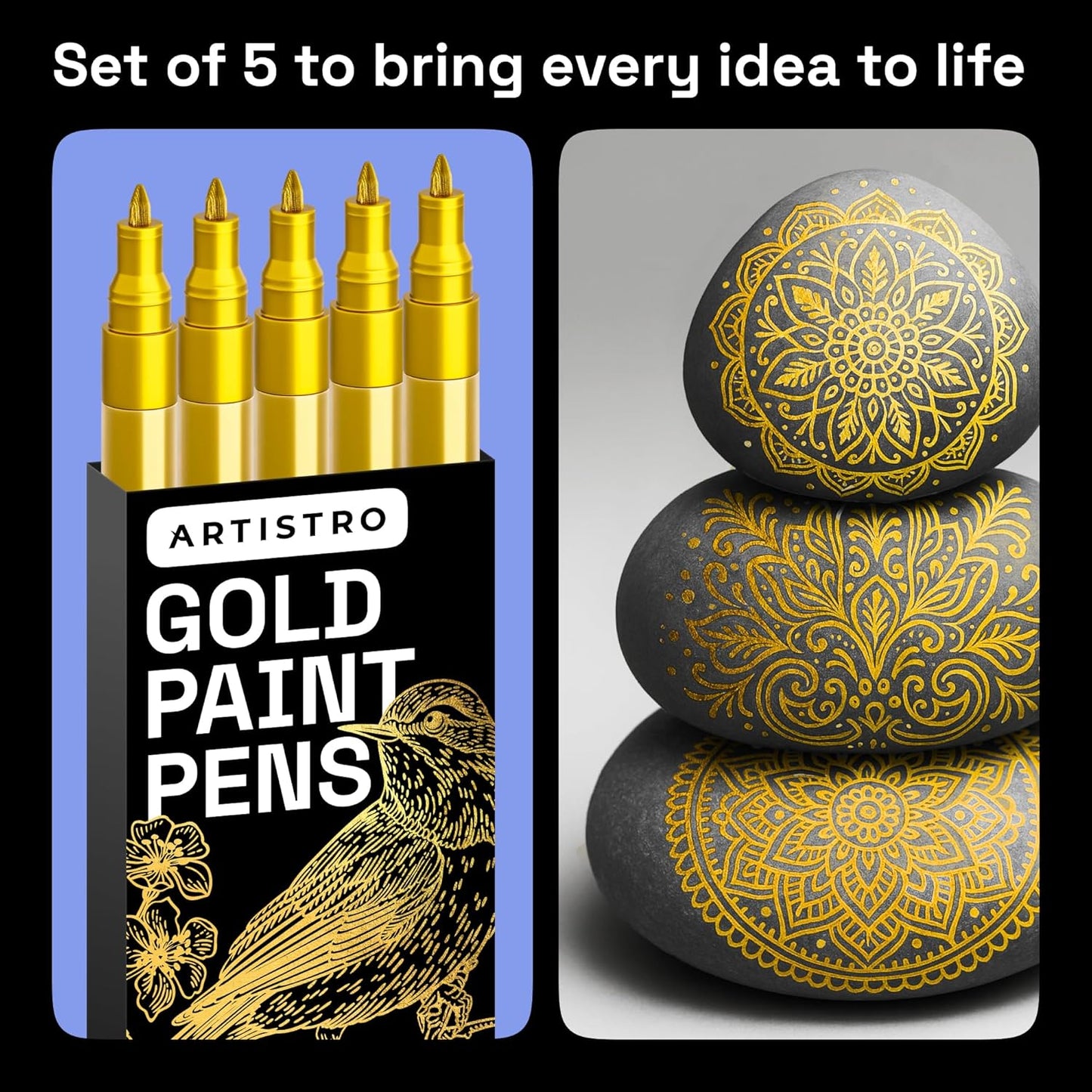 ARTISTRO 5 Gold Paint Pen for Rock Painting, Stone, Ceramic, Glass, Wood, Tire, Fabric, Metal, Canvas. Set of 5 Acrylic Paint White Marker Water-based Extra-fine Tip