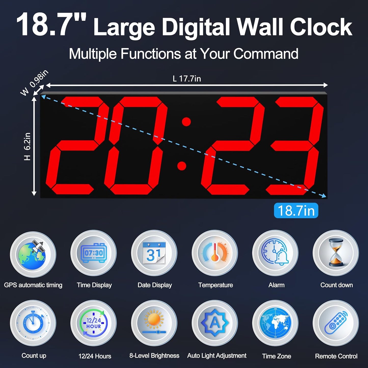 Digital Clock with Large Display 18.7 Inch, GPS Auto-Sync Time, Wall-Mounted with Remote Control, Ideal for Classroom Use
