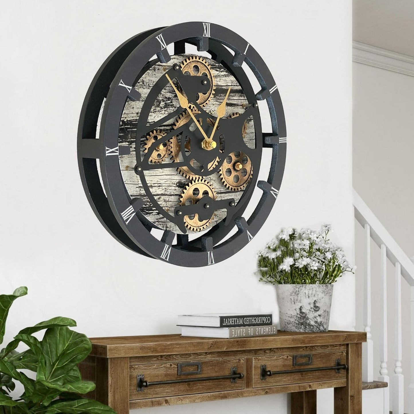 The Gears Clock 16 inches Wall Clock with Real Moving Gears Convertible into a Big Mantel Clock (Grey & White)