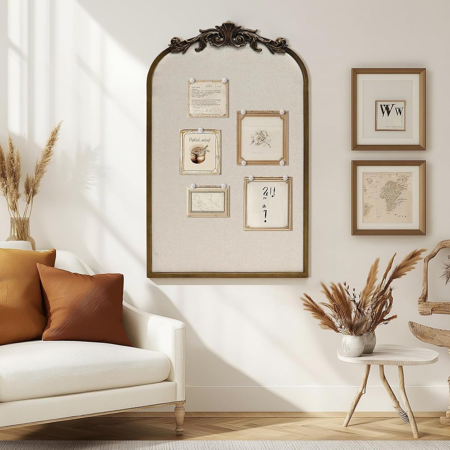 Arch Fabric Pinboard, Antique Gold Bulletin Boards 19"x31", Vintage Cork Board with Ornate Iron Frame for Wall Unique Display, Organization and Decor Options