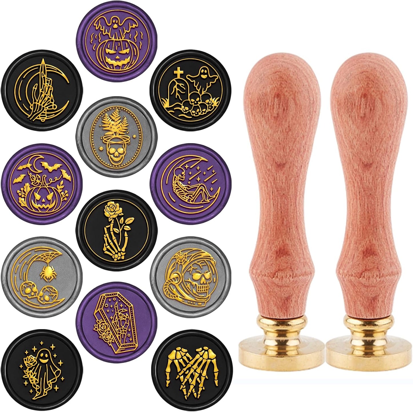 CRASPIRE Halloween Wax Seal Stamp Set 12pcs Sealing Wax Stamps 25mm Retro Removable Brass Heads with 2pcs Wood Handle for Wedding Invitations Envelopes(Skull Pumpkin Bats Ghost Spider Web Skeleton)