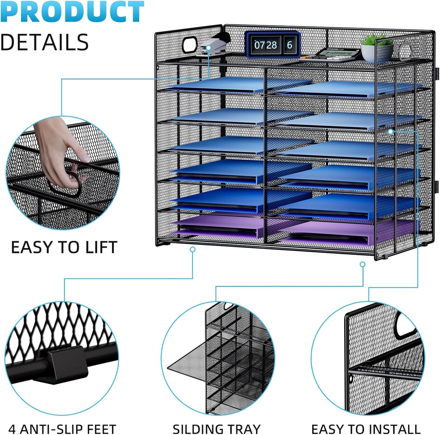 Marbrasse Desktop Literature Organizer, Mesh Paper Organizer, Desk Organizers, File Sorter Mail Center Paper Storage Cabinet Classroom Keepers Mailbox for Office Home School, Black