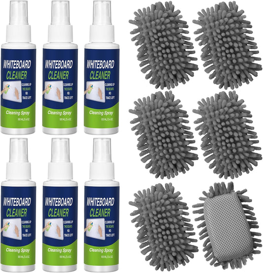 6 Pack Whiteboard Cleaner 3.4 Fl oz White Board Cleaning Spray Dry Erase Board Cleaner with Microfiber Shag Whiteboard Eraser Removes Stubborn Marks from Whiteboard Chalkboard (Grey)