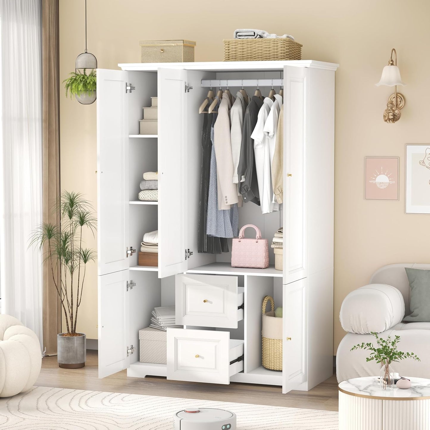 White Armoire Wardrobe Closet with Drawers: Wardrobe Closet for Hanging Clothes, Modern Bedroom Armoires with Hanging Rod, Wardrobes Closets with Doors and Shelves (White, 47")