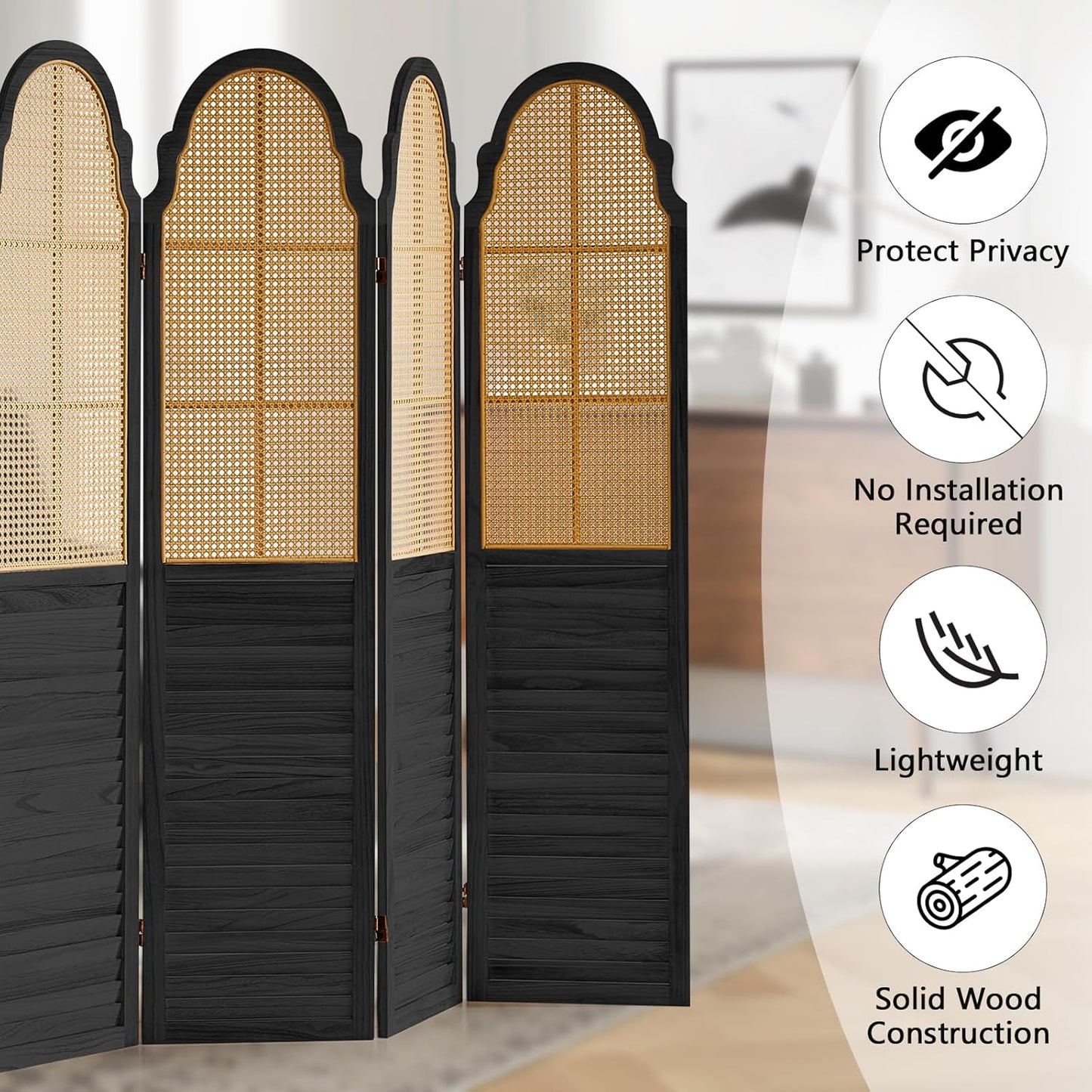 6 Panel Rattan Room Divider Panel, 5.6Ft Partitions and Dividers, Louvered Partition Divider, Room Dividers Screen, Solid Wood Frame, Folding Screen, Bedroom, Family Room, Black