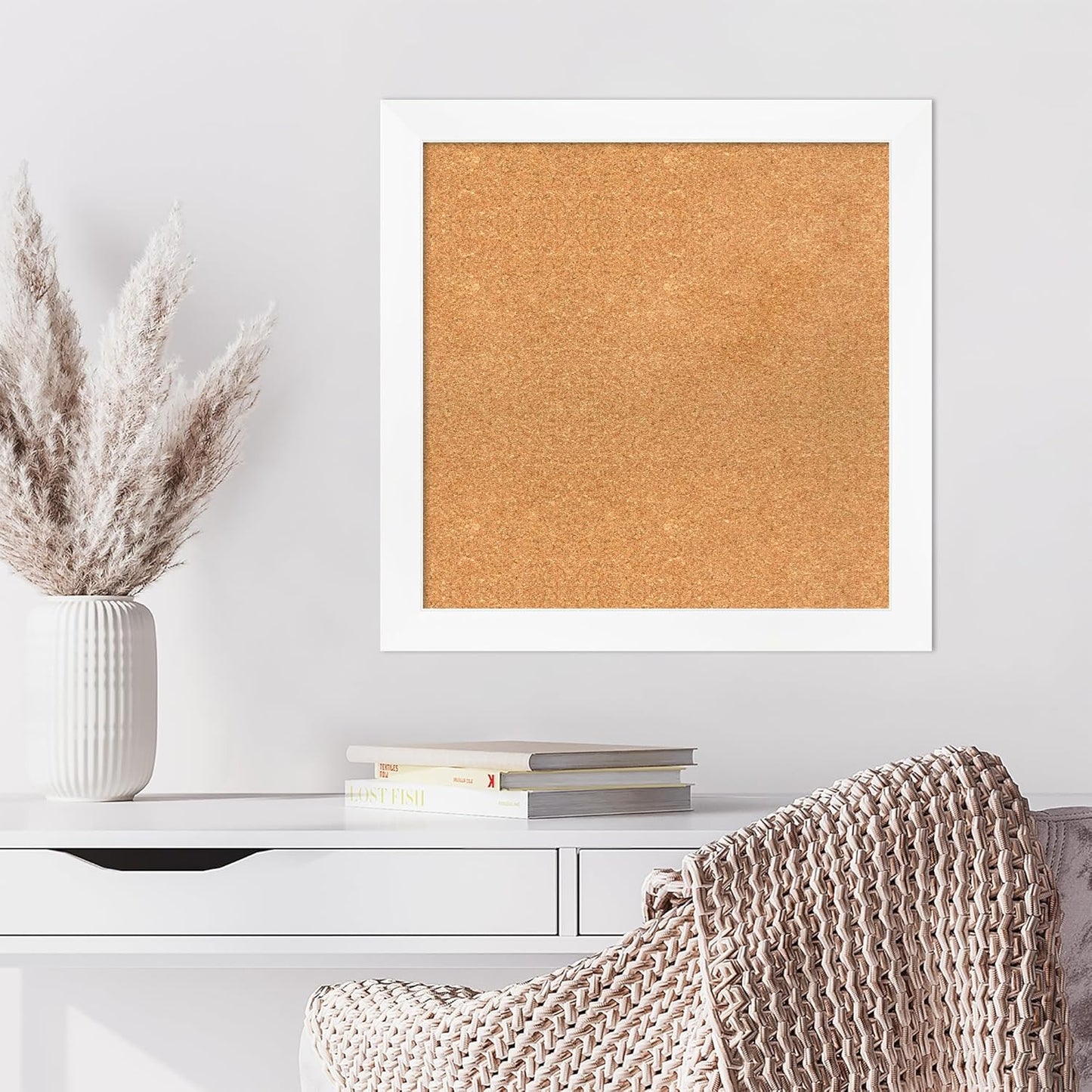 Amanti Art Natural Cork Board for Wall, 25x25 Vision Board with White Frame, Medium Corkboard Office Decor for Home Organization, Modern Corkboard Pinboard to Display Items for Home Organization in