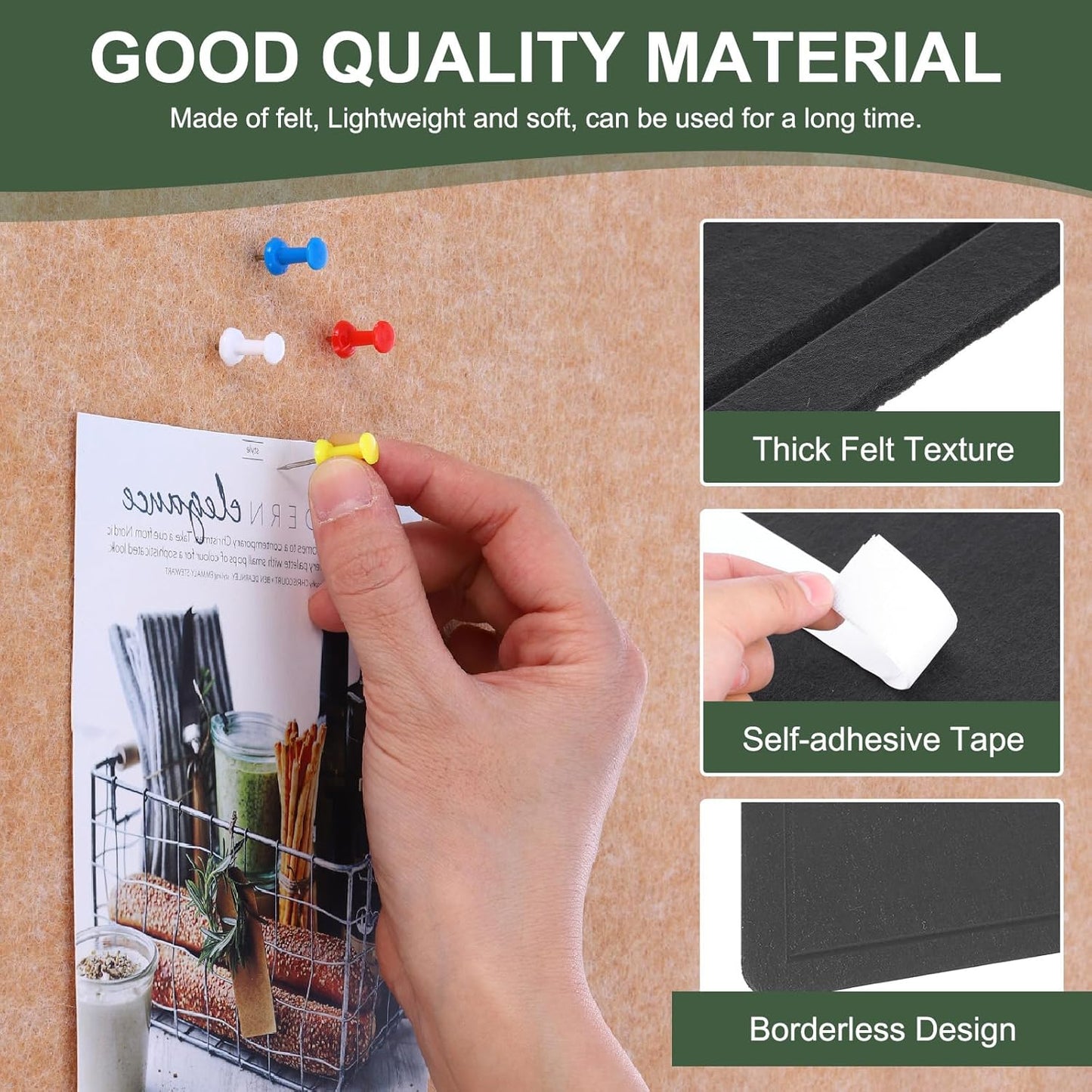 YOKIVE Felt Bulletin Board, 94.4 x 47 -Inch Foldable Decorative Pin Board Self Adhesive Felt Cork Board with 20 Pushpins, Great for Wall, Photo Display, Paste Note, Schedule(Black)