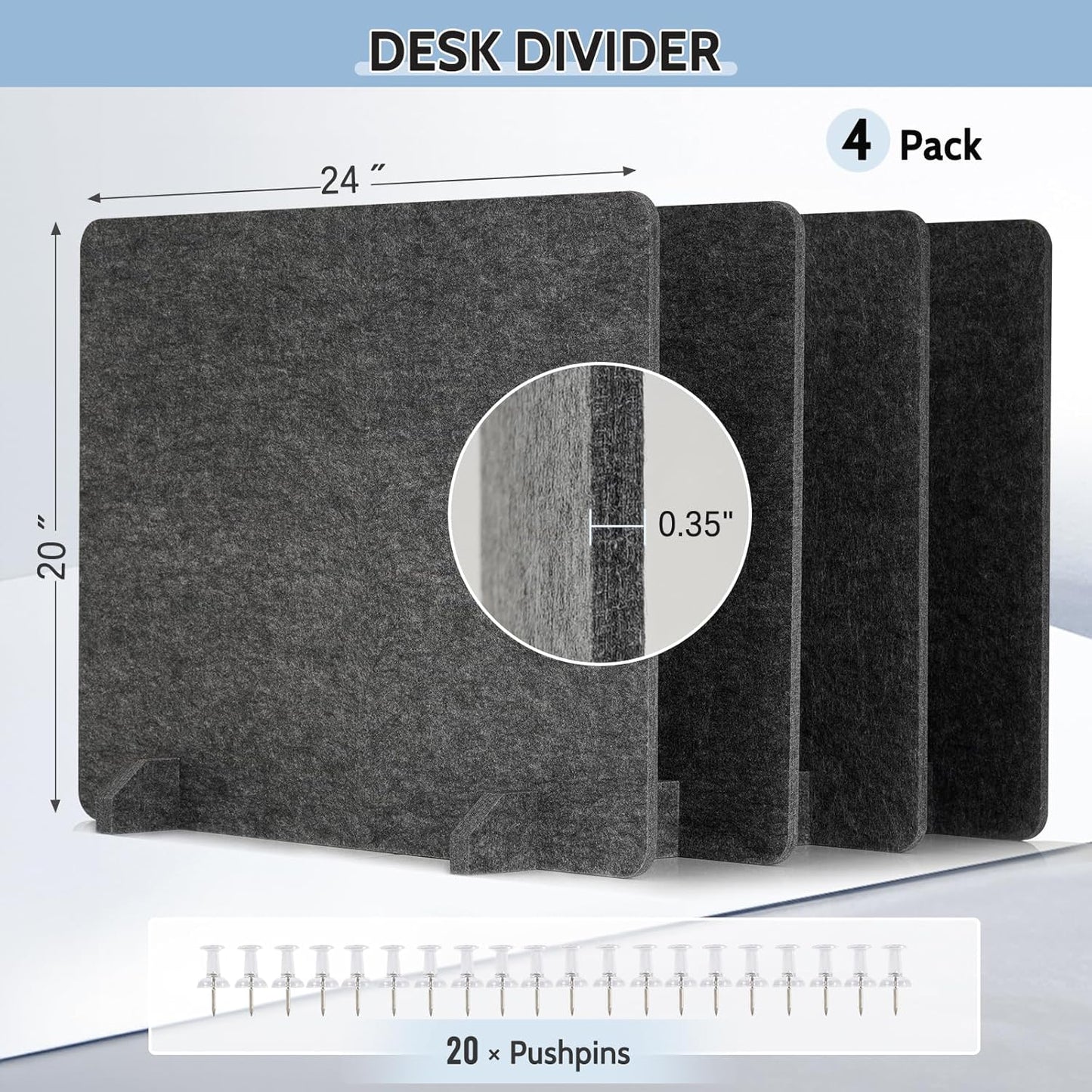 4 Pack Acoustic Desk Dividers - 24" x 20" Freestanding Privacy Panels Set with Noise - Reducing Design Cubicle Sound Proof, Ideal for Office, Classroom, and Home (Dark Gray)