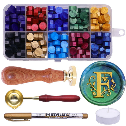 SWANGSA Initial Alphabet F Wax Seal Stamp Kit, Classic Retro Letter Sealing Stamp with 200pcs Sealing Wax Beads Kit for Wedding Invitations Cards Envelopes (F)
