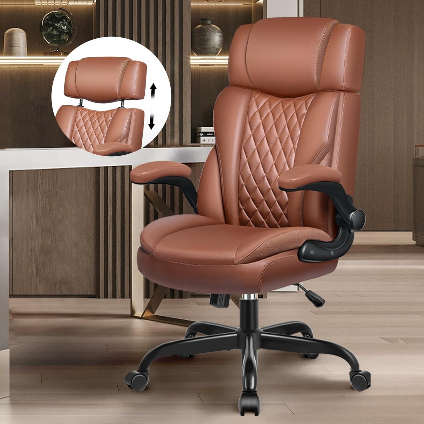 Office Chair Flip Up Arms, Executive Leather Office Chair Ergonomic Desk Chair with Lumbar Support, Adjustable Headrest, Computer Chair Home Office Desk Chair with Rocking Function