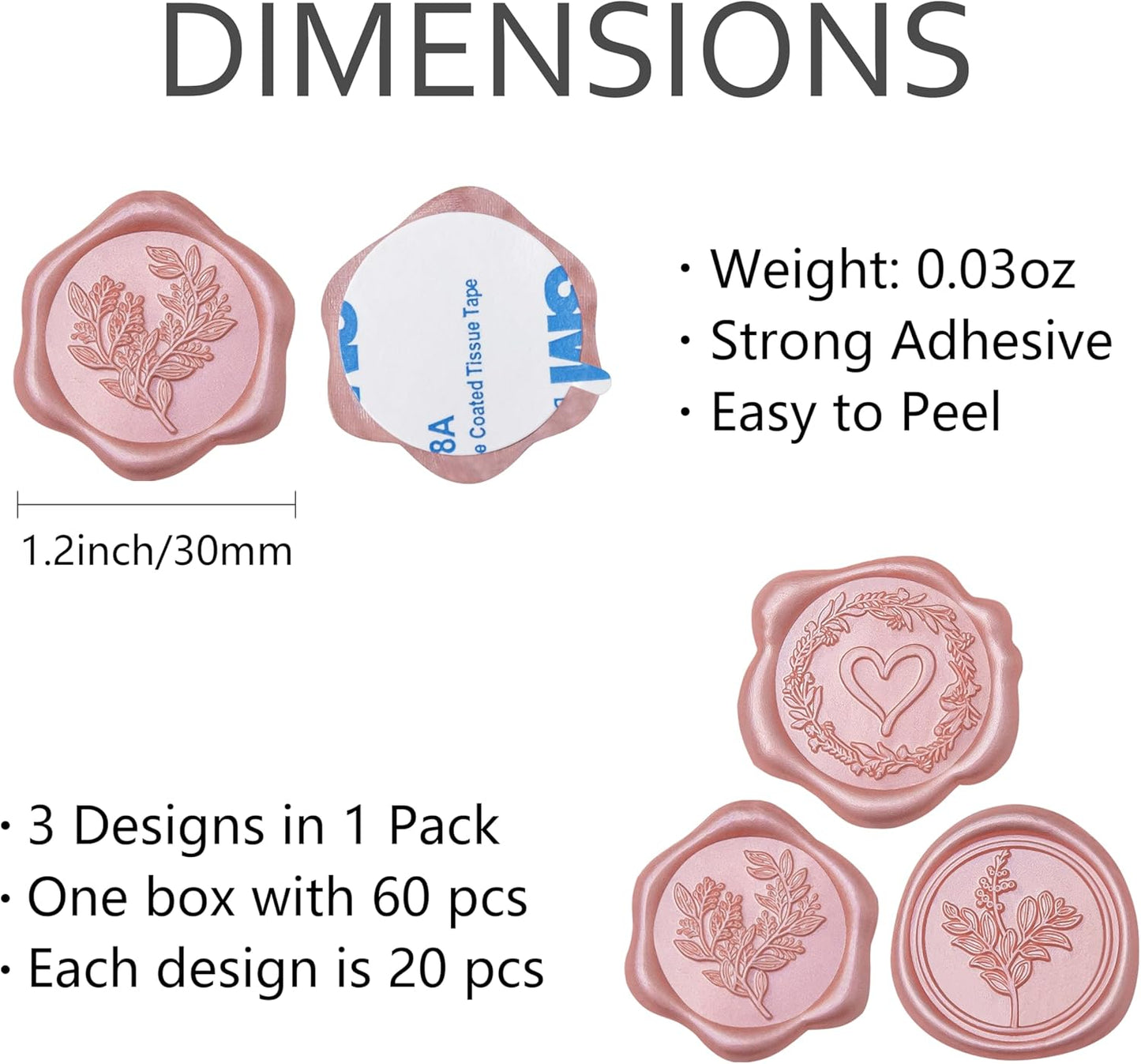 60 Pcs Rose Gold Wax Seal Stickers Self-Adhesive Envelope Seals Stamp Stickers, Perfect for Wedding Invitations Seating Chart Christmas Gift Wrapping 3 Designs in 1 Pack