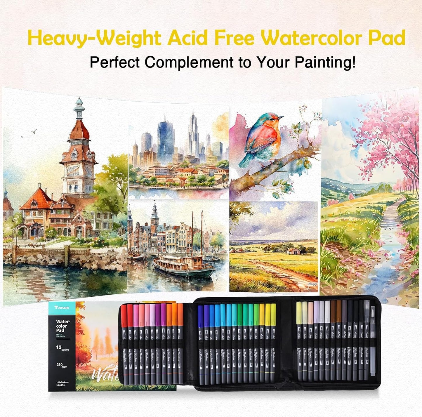 Watercolor Pens Set, 36-Color Dual Tip Paint Markers, Water-Based Coloring Markers with 1 Aquapen, 1 Colorless Blender, 1 Black Marker, and 12-Page Pad, Art Supplies for Artists and Beginners