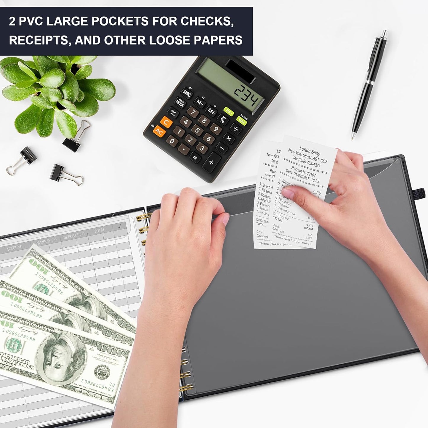 HAUTOCO Hardcover Accounting Ledger Book for Small Business Bookkeeping Horizontal Money Expense Tracker Notebook with 2 Storage Pouch, Personal Columnar Log Journal 10.78 x 8'', Black