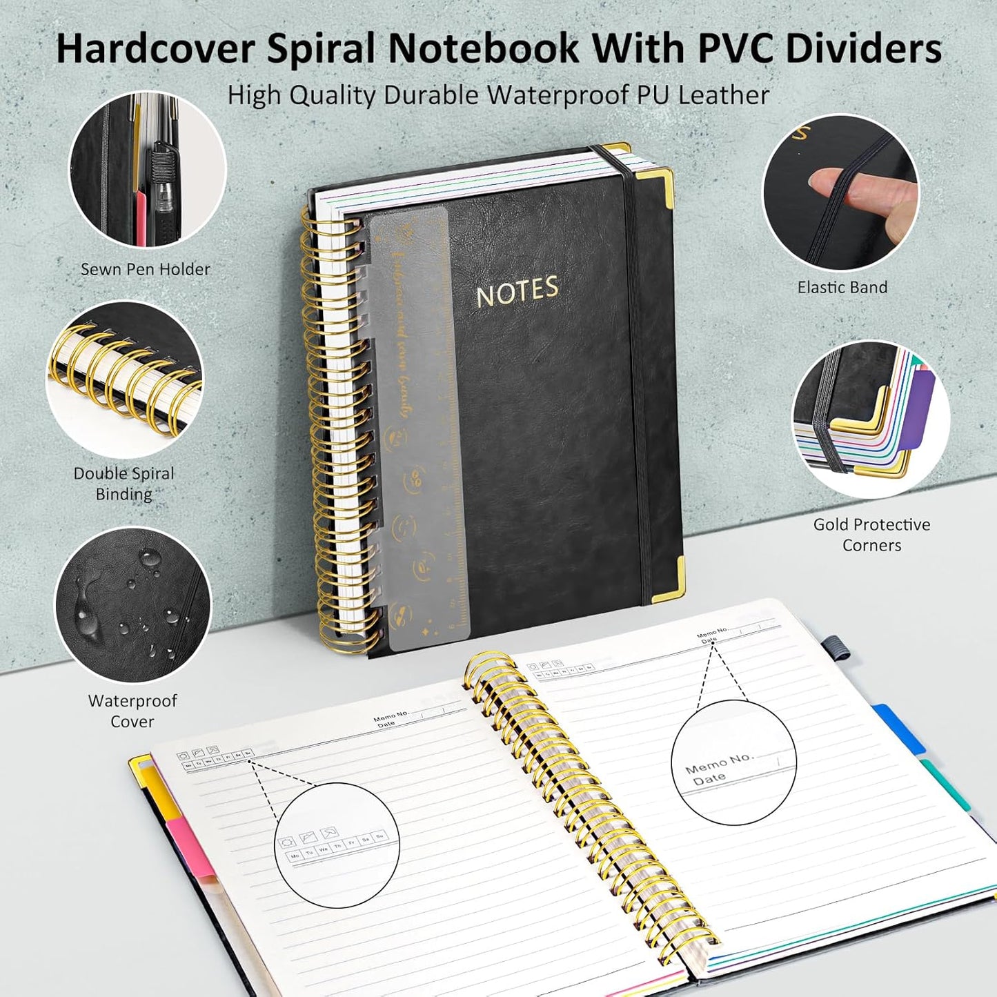 Hardcover Spiral Notebook Journal, 8"x10" Large B5 Notebooks with Removable Dividers Tabs, 300 Pages Leather 5 Subject Notebook College Ruled, Journal for Work School Note, 100 GSM Thick Paper,Black