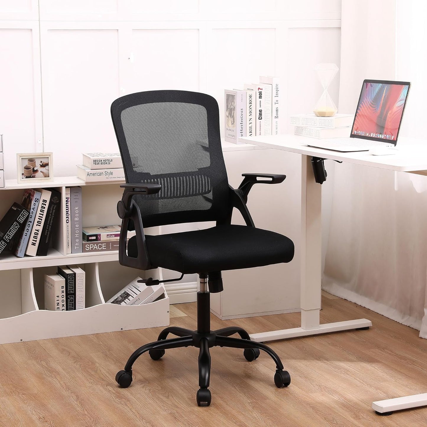 Office Chair, Ergonomic Desk Chair with Lumbar Support, Breathable Mesh Chair with Flip-up Armrests and Mid Back, Comfy Task Computer Height Adjustable Swivel Chair (8, Black)