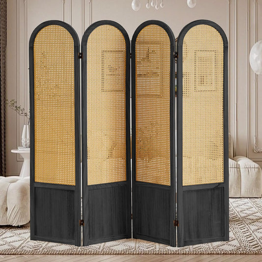 4 Panel Rattan Room Divier, Room Divider Panel and Folding Privacy Screens, Room Divider Wall, Solid Wood Frame, Partition Room Dividers, Bedroom, Dining Room, Lounge, Black