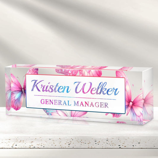 Personalized Name Plate for Desk - Custom Engraved Name Plates for Man - Boss Day Gifts for Boss - Acrylic Office Decor Appreciation Gifts for Teacher Nurse Coworker Social Worker (Pink Butterfly)