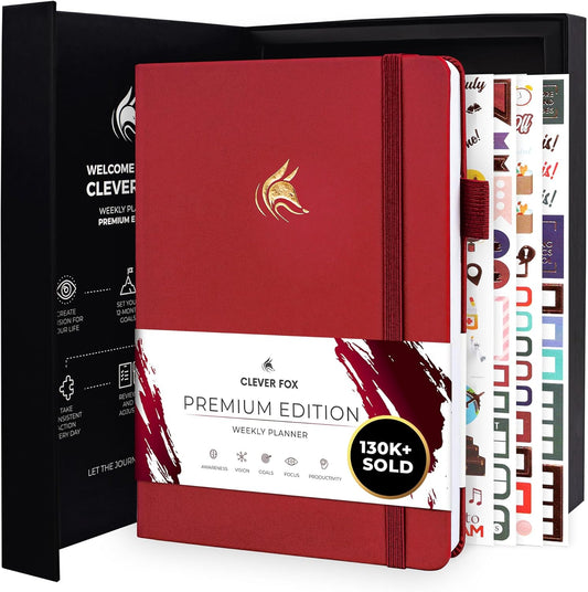 Clever Fox Planner Premium Edition – Undated Luxurious Weekly & Monthly Planner to Increase Productivity and Hit Your Goals – Organizer – Start Anytime, A5, Lasts 1 Year, Red (Weekly)