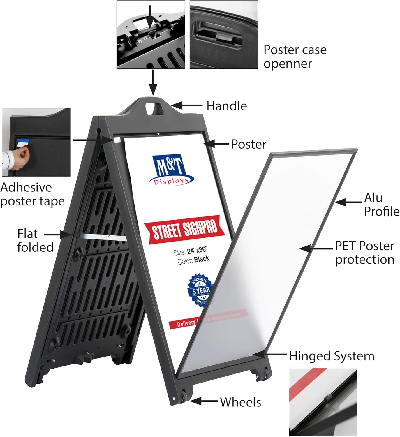 M&T Displays Street SignPro with Lens Protective Cover, 24x36 Inch Poster Black Double Sided Sandwich Board Folding A-Frame Sidewalk Curb Sign Portable Advertising Display for Restaurant Cafe