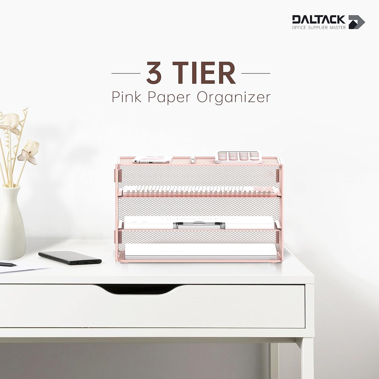 DALTACK 3 Tier Letter Tray Paper Organizer Mesh Metal Desk File Organizer for Home & Office, Pink