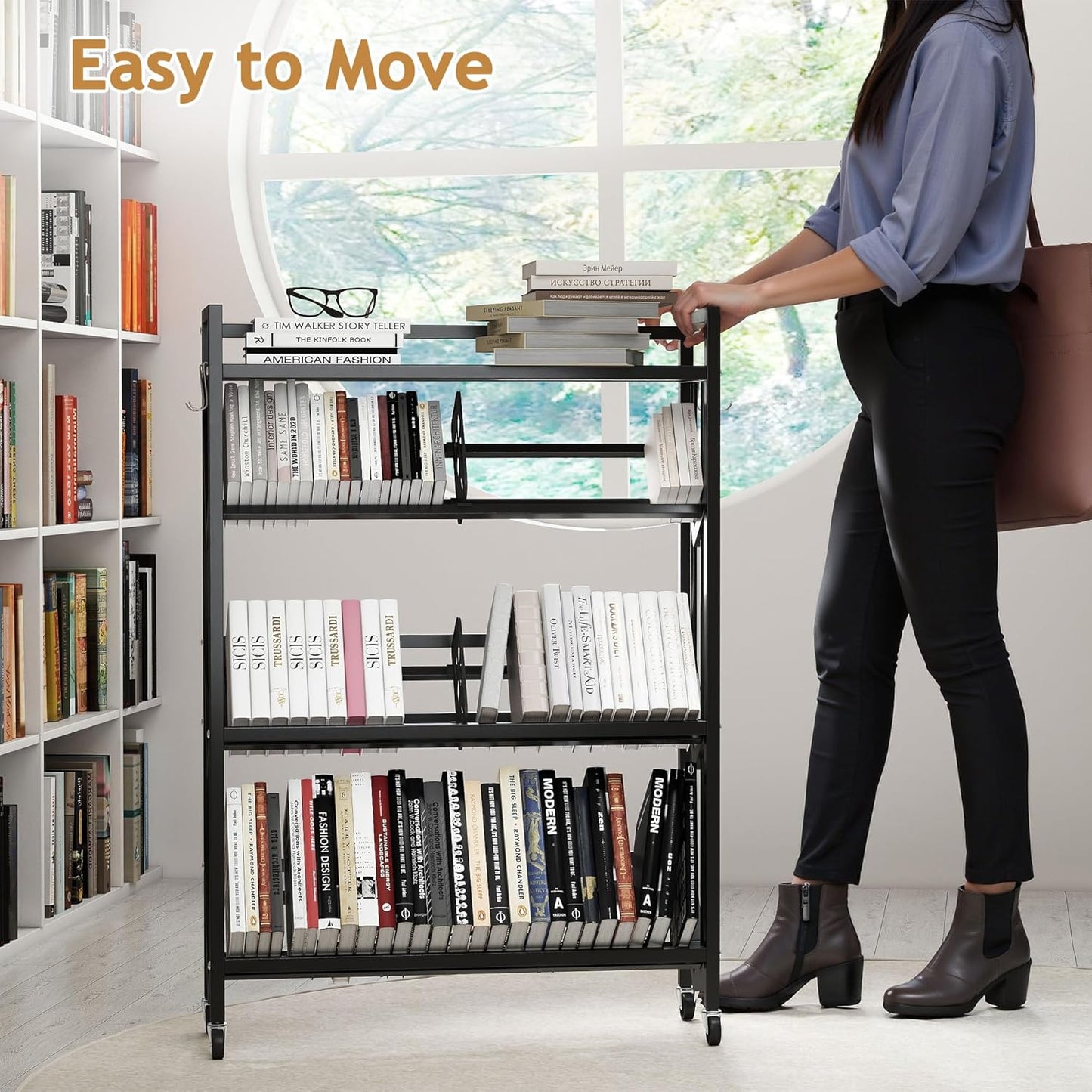 Book Carts with Wheels Library Rolling Book Cart 4 Tier Movable Bookshelf Mobile Large Capacity Organizer Rack for Teacher Classroom Office Room School (46.5'' H)