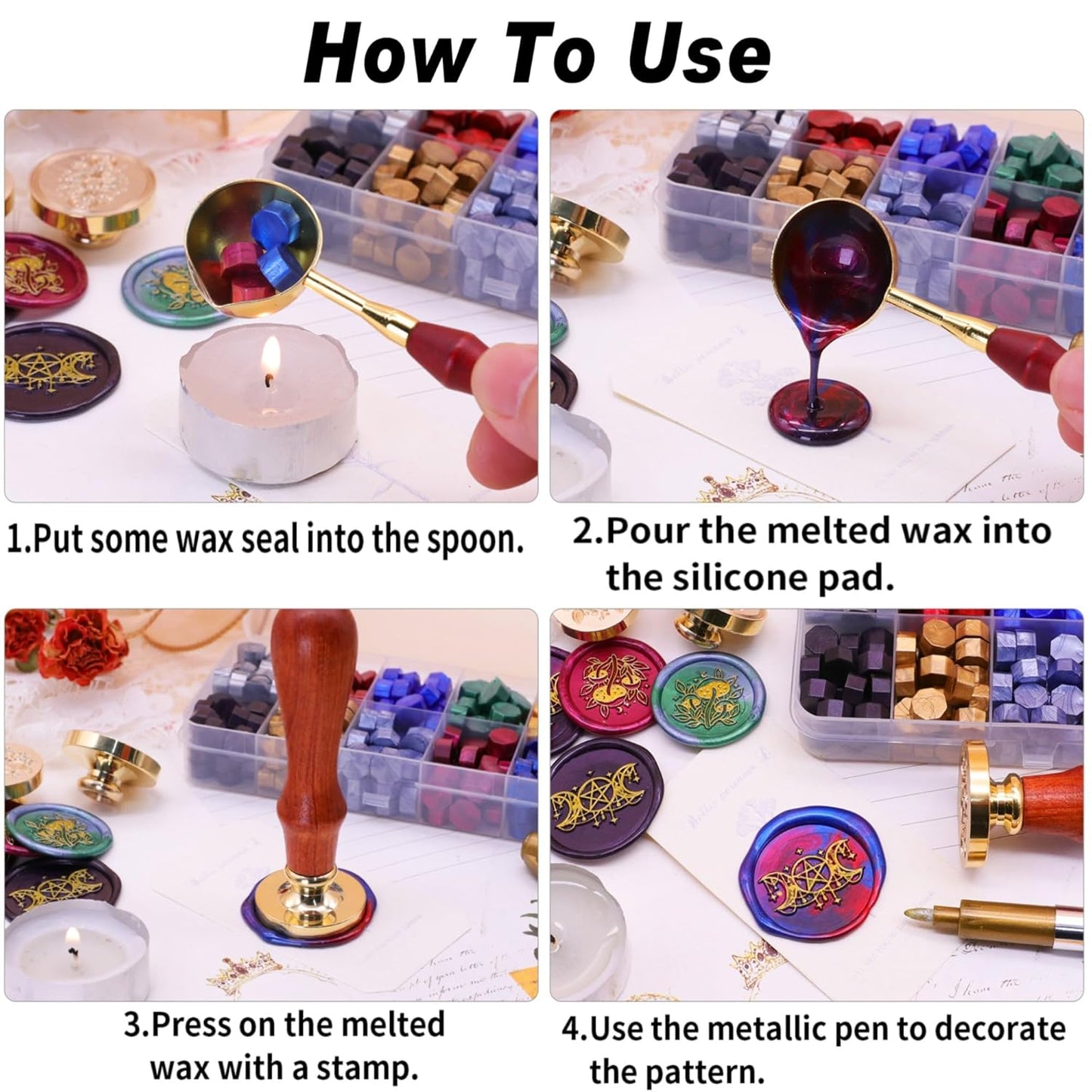 SWANGSA Flower Wax Seal Stamp Kit with 200pcs Sealing Wax Beads, Great for Embellishment of Invitations, Wine Packages, Gift Ideas