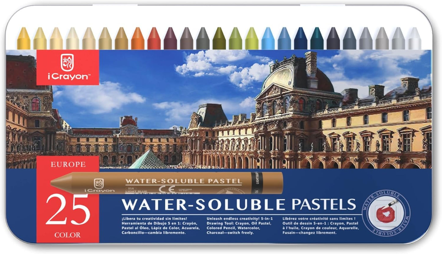 25 Colors Water Soluble Pastels, Watercolor Pastels Set for Beginners and Hobbyists, Includes Sharpener, Palette & Brush for Vibrant Art Creations (Europe)