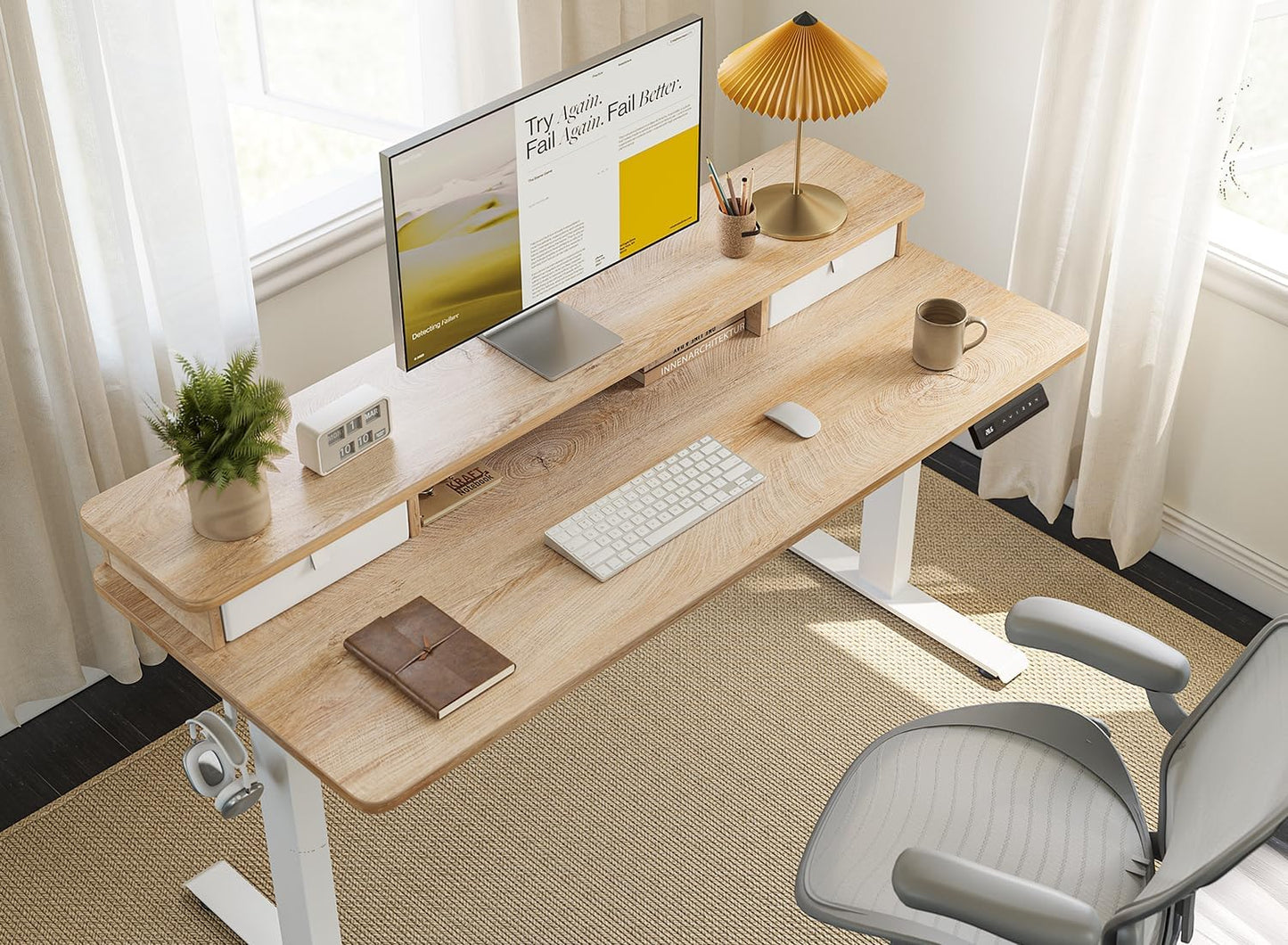 FEZIBO 63 x 28 Inch Deeper Height Adjustable Electric Standing Desk with Double Drawers, Sit Stand Up, Home Office Computer Desk with 4 Height-Adjustable Feets & 2 Hooks, White Frame/Maple Top