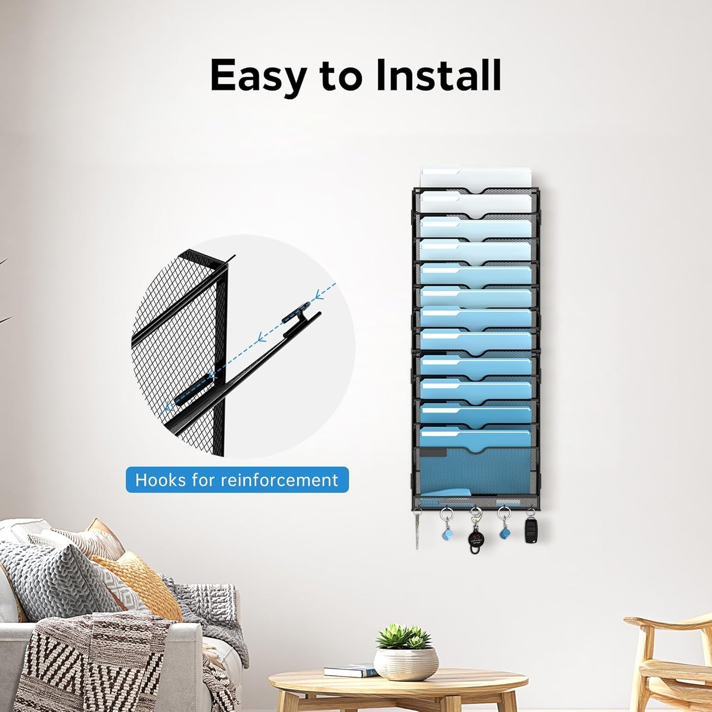 SUPEASY 13-Tier Wall File Organizer, Wall File Holder with Hooks, Mesh Hanging File Organizer, Mail Organizer Wall Mounted for Papers, Folders, Office Magazine Rack, Assembly Needed, Black