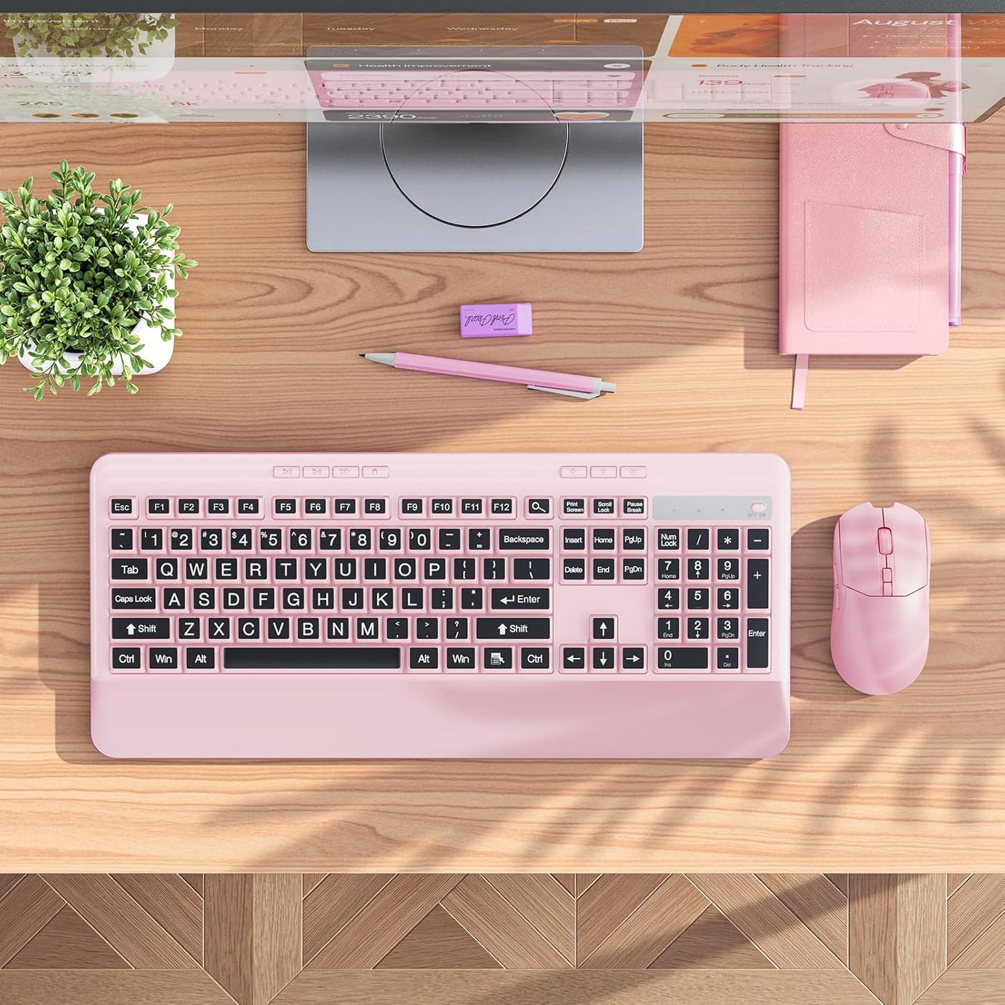 Silent Wireless Keyboard and Mouse Combo - Keyboard with Large Print Cover, 2.4GHz Full-Sized Ergonomic Keyboard with Wrist Rest and Mouse for Laptop, PC, Notebook, Desktop