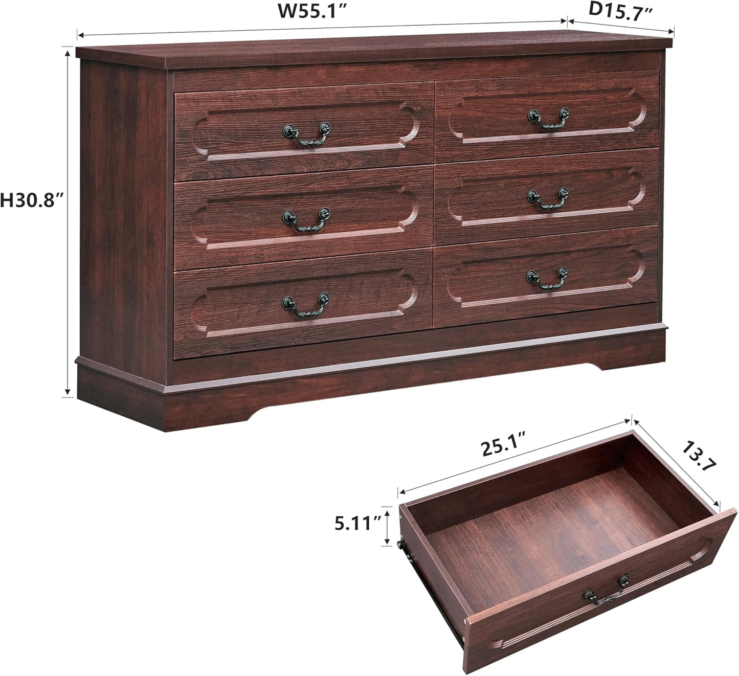 LIDYUK 6 Drawer Dresser for Bedroom Farmhouse Cherry Tall Wood Chest of Drawers for Bedroom Dresser, Modern Rustic 55" Wide Drawers Dressers Wooden Closet and Storage Cabinet, Hallway, Living Room