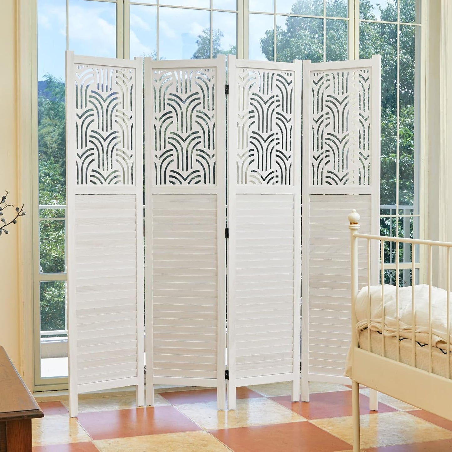 Folding Room Divider, 66.9 Inch 4 Panels Wood Carved Privacy Screens, Free Assembled Freestanding Portable Separation Wall for Home Office Restaurant Bedroom (White)