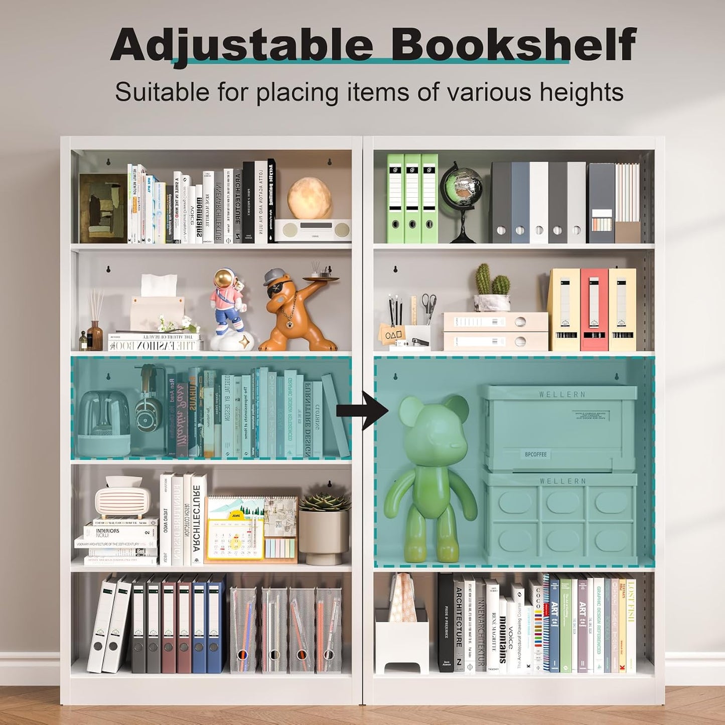 White Metal Bookshelf, 66" Tall Bookcase, Industrial Bookshelves and Bookcases, 5 Shelf Bookcase with Adjustable Shelves, Heavy Duty Book Cases for Office, Home, Library, Living Room, School