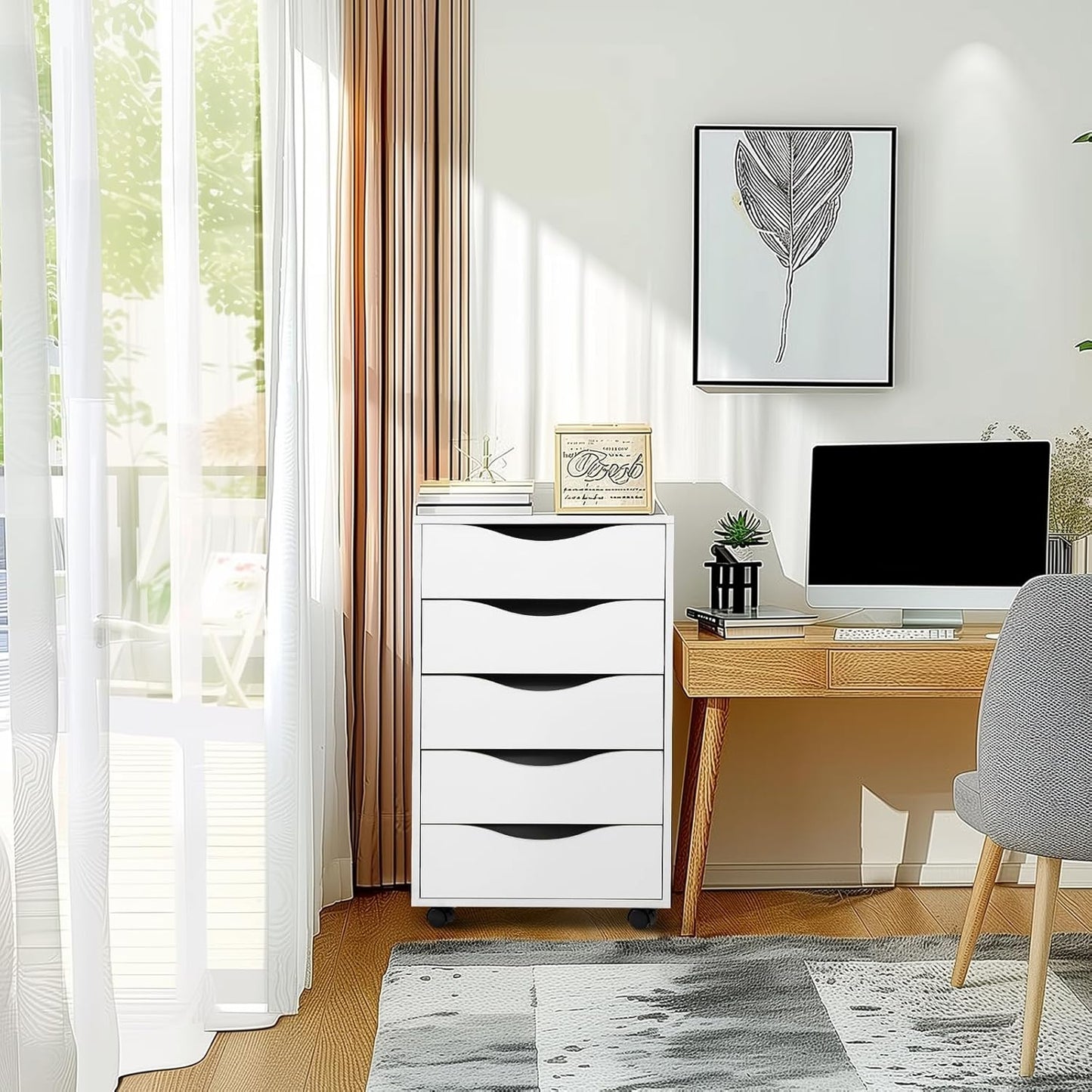 QDSSDECO 5 Drawer Chest Wood File Cabinet Rolling Storage Dresser with Wheels for Home Office, White