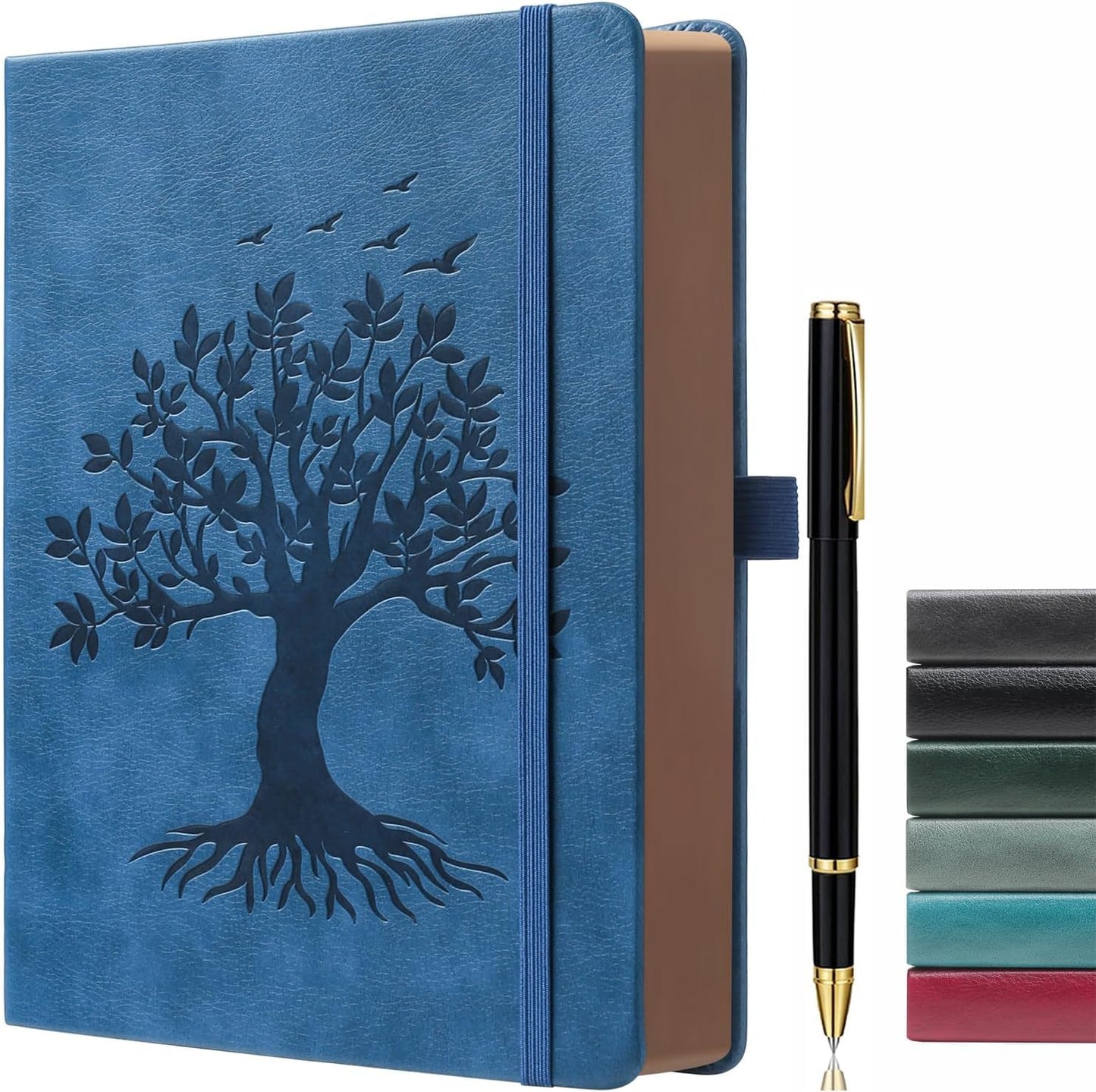 ZXHQ B5 360 Pages Lined Journaling Notebooks with Pen, Journals for Women Men Writing Notebook, Tree of Life Design, Brown Edge, Fine Inner Pocket - Blue