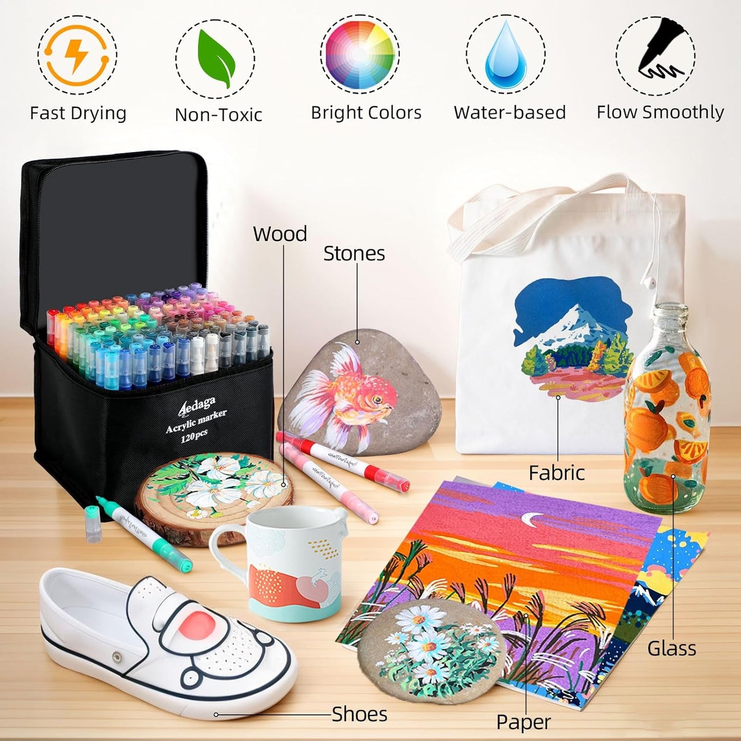 YHC 120 Colors Acrylic Paint Pens with Free App, Dual Tip Acrylic Paint Markers with Brush Tip and Fine Tip for Adults, Kids, Eggs, Wood, Rock, Canvas, Plastic, Stone, Glass, Ceramic