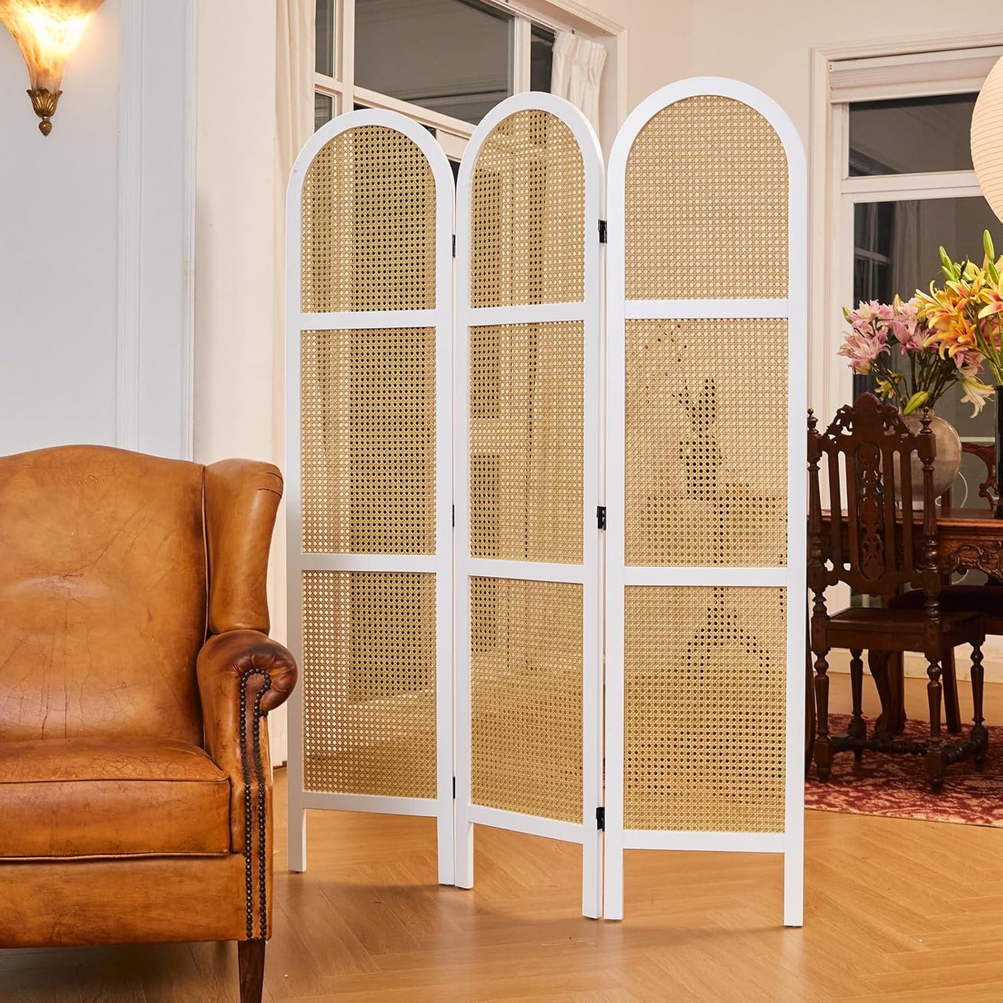 Room Dividers and Folding Privacy Screens, Pine Wood 5.6 Ft Double Hinged Rattan Partition Freestanding Wall Room Divider for Home - 3 Panels (White)