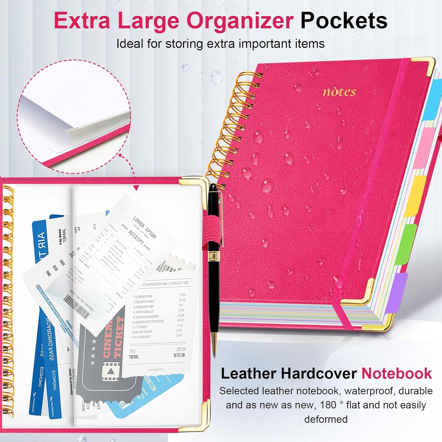 Hardcover Spiral Notebook 8"x10" Journal Notebook with Tabs and Removable Dividers 300 Pages 5 Subject Notebook College Ruled, Faux Leather Spiral Bound Notebook for Women, Students, School Work (Rose Red)