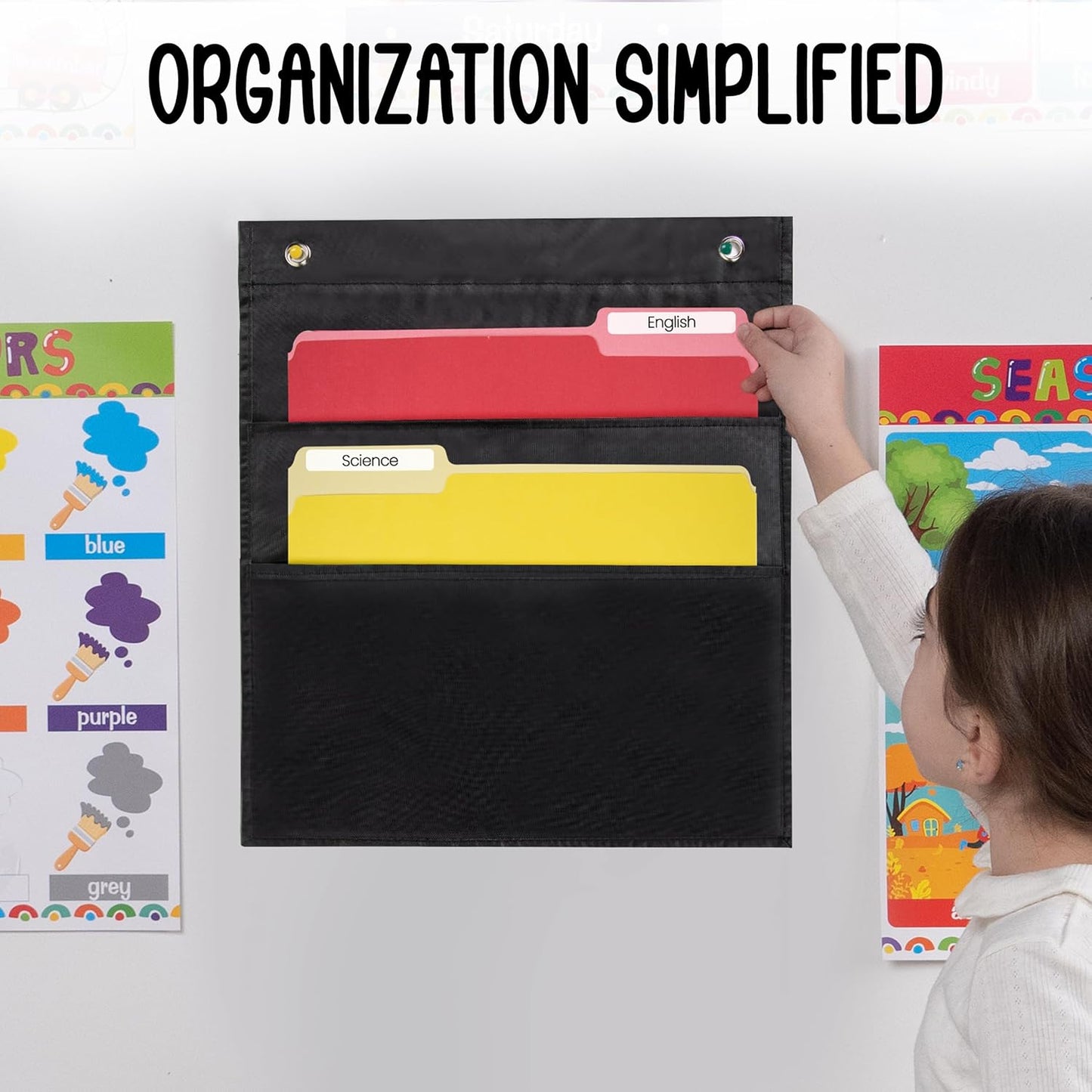 Essex Wares - 2 Pocket File Pocket Chart, Black - Versatile Wall Hanging File Folder Organizer for Classroom, Office, Home, and More - Wall Folder Organizer - Two Pockets