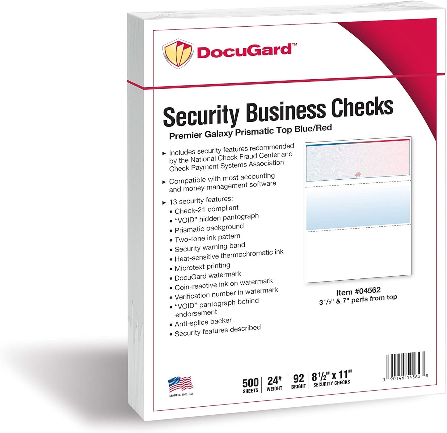 DocuGard Blue/Red Galaxy Premier Prismatic Top High Security Check Paper - QuickBooks & Laser/Inkjet Printer Compatible - 13 Security Features - 500 Blank Business Checks (04562)