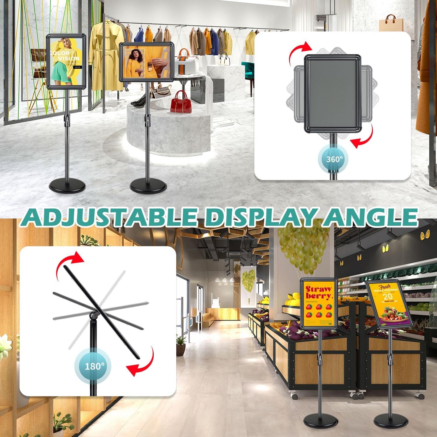 Adjustable Sign Holder Stand for Display, Pedestal Floor Poster Stand Sign Holder 8.5x11 inch, Snap Frame for Vertical and Horizontal View, Standing Sign Holder for Business Mall, Black