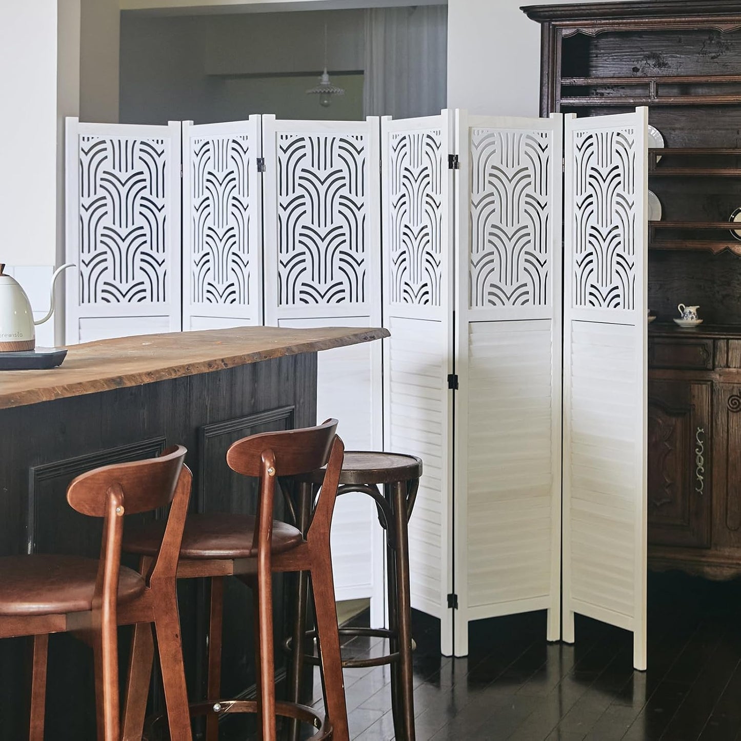 Folding Room Divider, 66.9 Inch 6 Panels Wood Carved Privacy Screens, Free Assembled Freestanding Portable Separation Wall for Home Office Restaurant Bedroom (White)