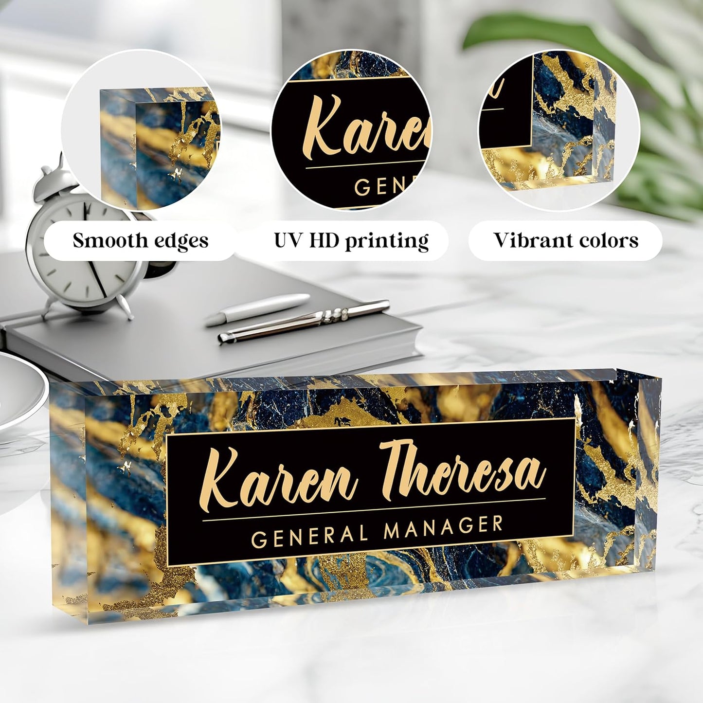 Custom Office Name Plate, Personalized Gifts for Men, Appreciation Gifts for Employees - Office Desk Accessory (Black Gold Marble)