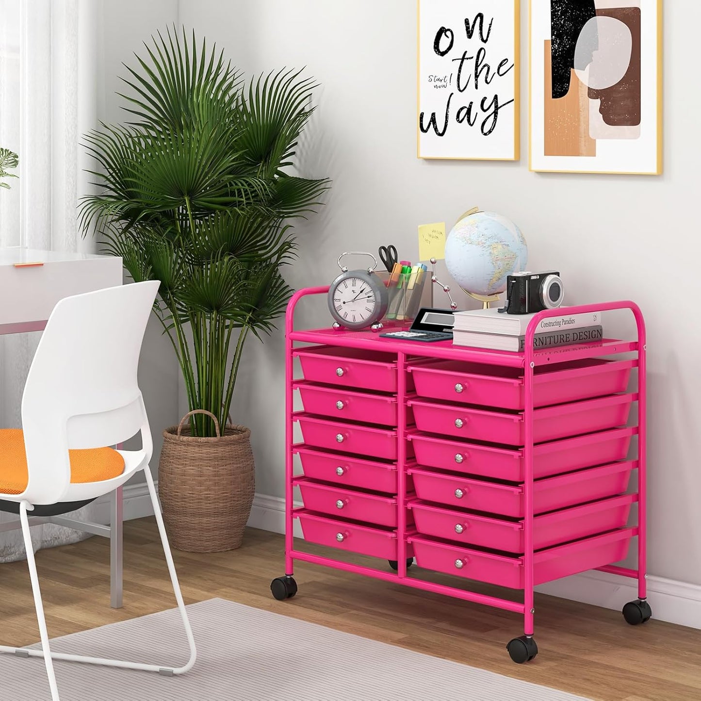 Giantex 12 Drawers Rolling Cart, Mobile Storage Drawer Cart, Classroom Organizer Cart for Office School Supplies Tools Scrapbook Paper Craft Small Printer, Utility Cart on Wheels, Hot Pink