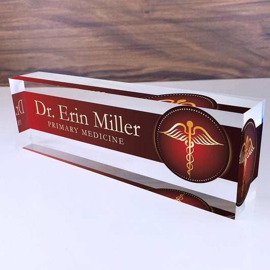 Artblox Office Desk Name Plate Personalized | Custom Name Plates For Desks | Medic Design On Clear Acrylic Glass | Cute Office Desk Accessories Customized Gifts - (8" x 2.5")